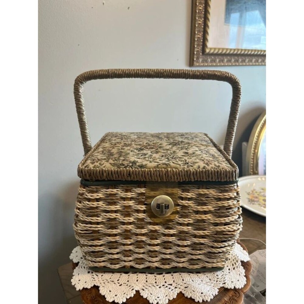 Vintage wicker sewing box tapestry top